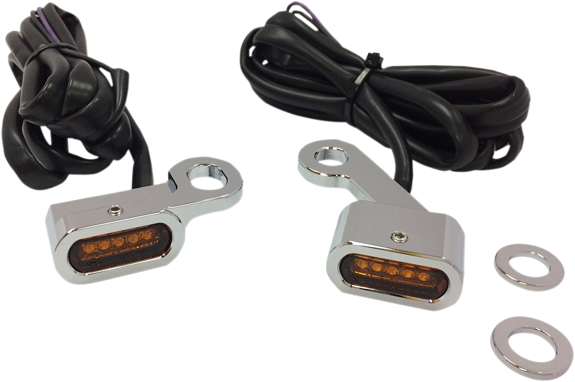 DRAG SPECIALTIES LED handlebar marker lights for Harley XL in chrome with amber lenses, mounted on motorcycle handlebars.