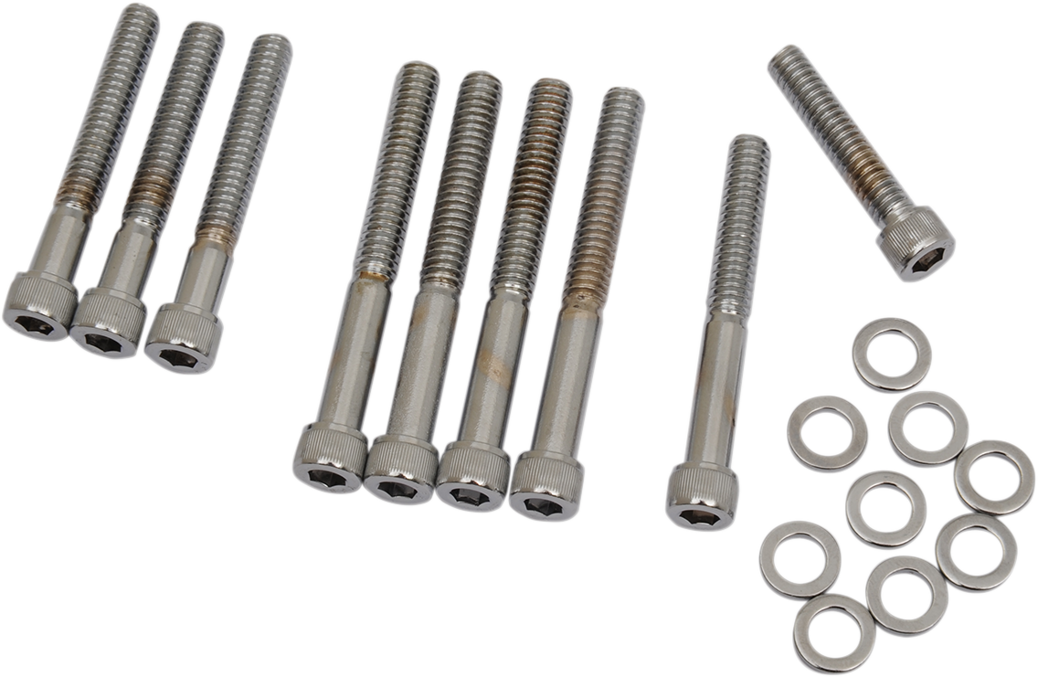 Chrome knurled bolt kit for Harley Sportster cam cover, model MK199 by Drag Specialties, fits 1986 to 1990 Harley Sportster models.