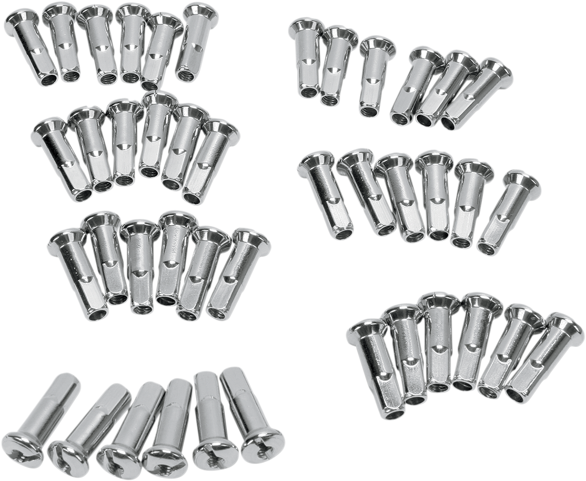 Drag Specialties stainless steel spoke nipples, extra long model 160500SSE42-HC3, shown on a wheel rim for motorcycle customization.