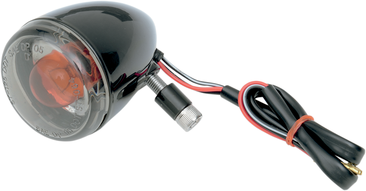 DRAG SPECIALTIES front 1157 turn signal in glossy black for motorcycle, showing the sleek, durable LED design with mounting bracket.