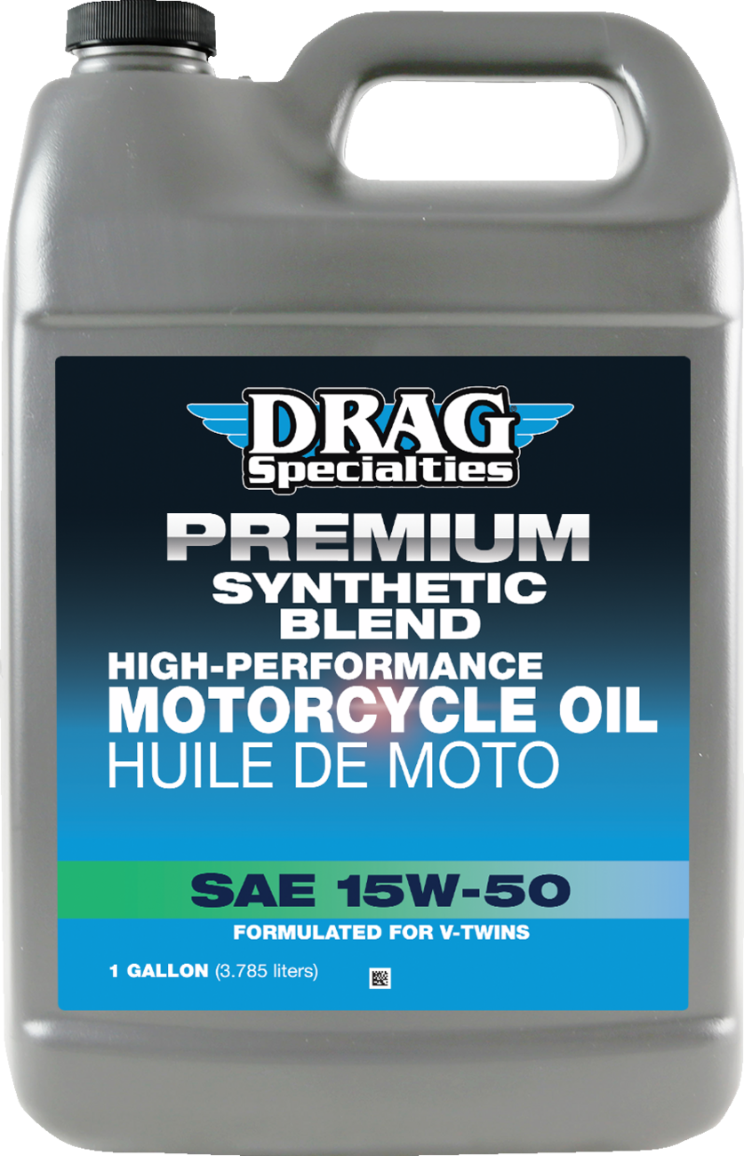 Drag Specialties 15W-50 motorcycle oil for Harley-Davidson Revolution Max engines in a 1-gallon container.