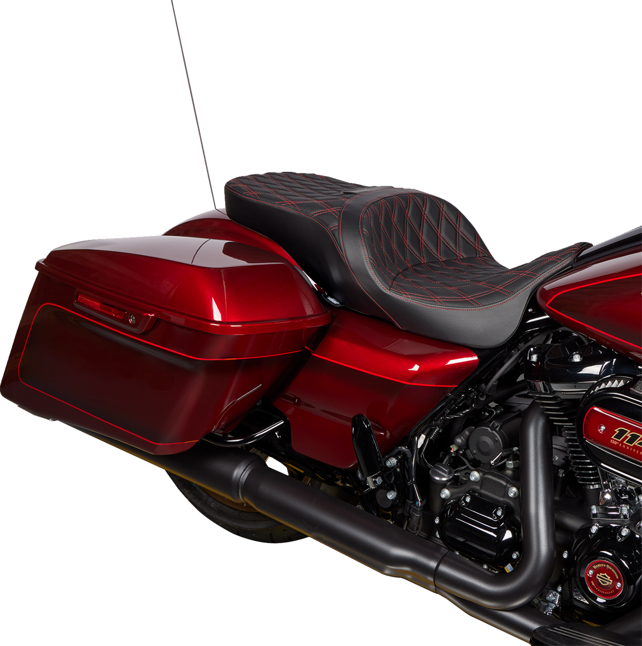 Drag Specialties Freedom Seat with Double Diamond Red Stitch for Harley FLH 2009-2023, showing the stylish stitched seat design.