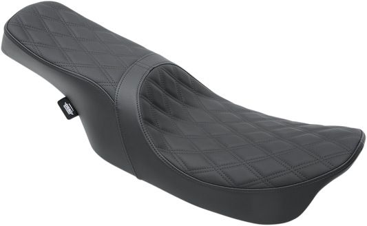 Black Drag Specialties Predator 2-Up seat for Harley-Davidson FL 1999-2007 with double diamond pattern and black stitching.