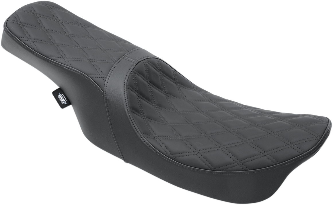 Black Drag Specialties Predator 2-Up seat for Harley-Davidson FL 1999-2007 with double diamond pattern and black stitching.
