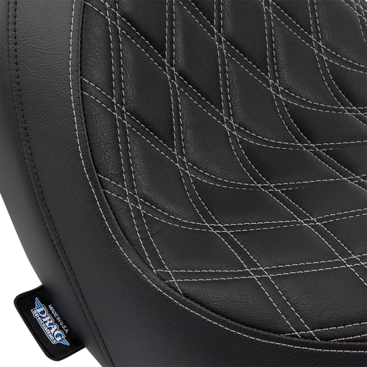 Drag Specialties Predator Double Diamond vinyl seat with silver stitching for Harley-Davidson FLSB/FXLR, 2018-2023, shown from side view.
