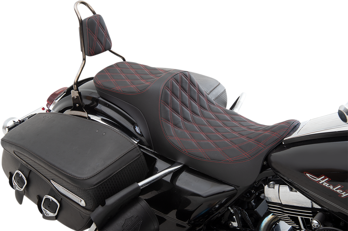 Drag Specialties Predator III 2-up seat with double diamond red stitching for Harley-Davidson FL models 2008-2023.