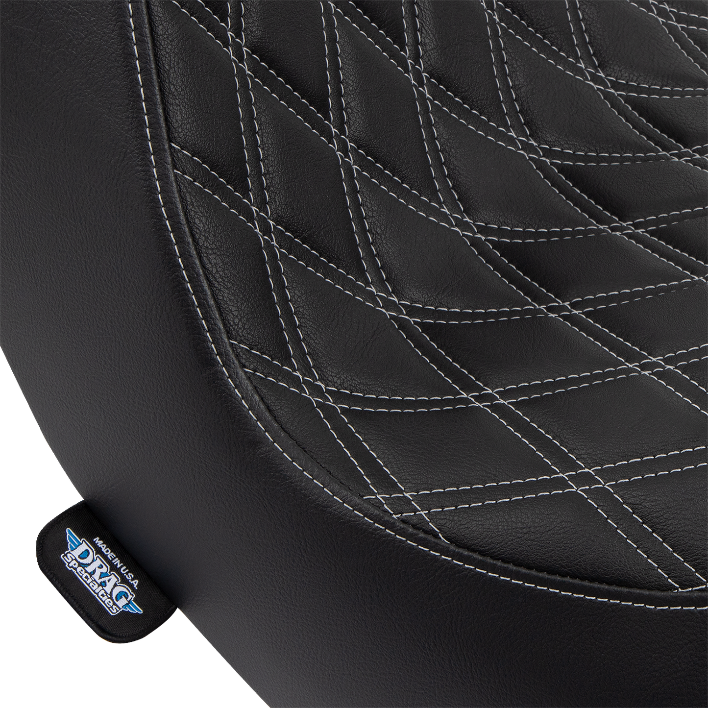 Drag Specialties Predator III 2-up motorcycle seat for FL/FX 2018-2024 with vinyl cover and silver diamond stitching.