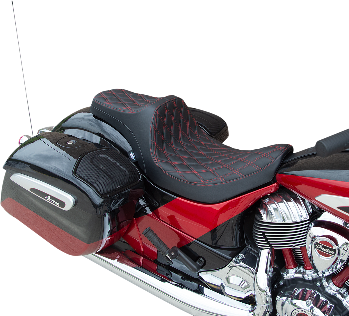 DRAG SPECIALTIES SEATS Predator III Double Diamond Seat with red stitching for Indian bikes 2014-2022, vinyl cover, molded foam.