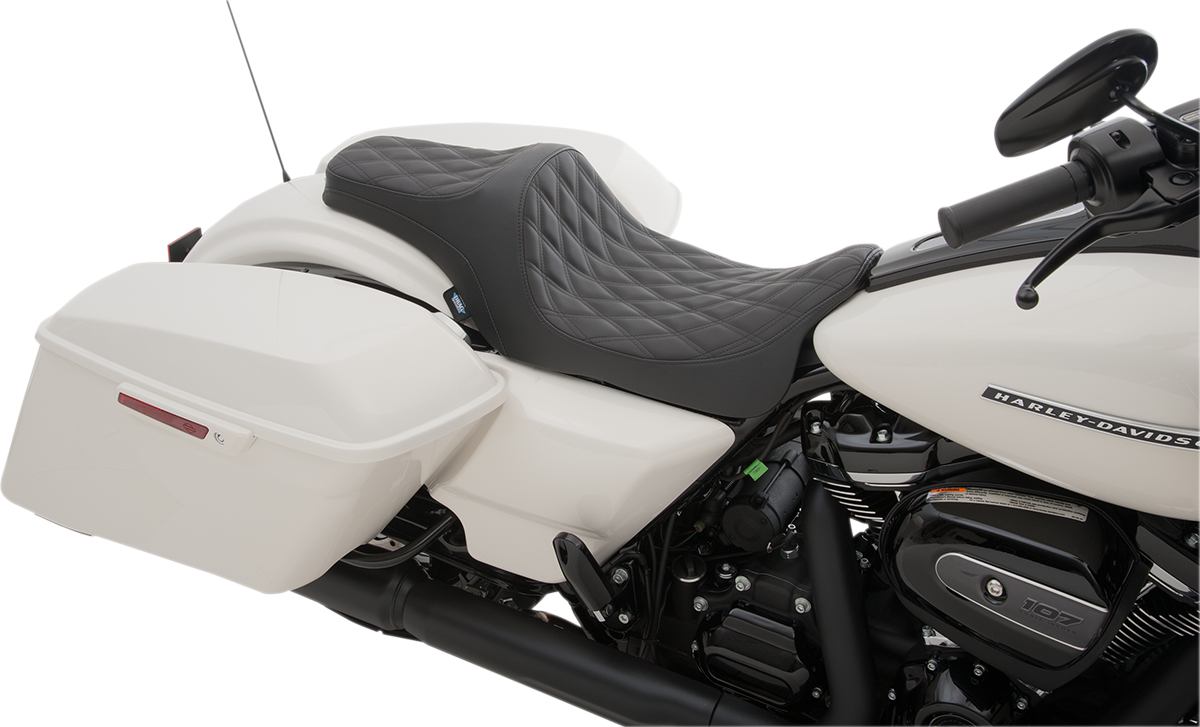 Drag Specialties Predator III seat for Harley FL 2008-2023 with double diamond black stitching, black leather motorcycle seat.