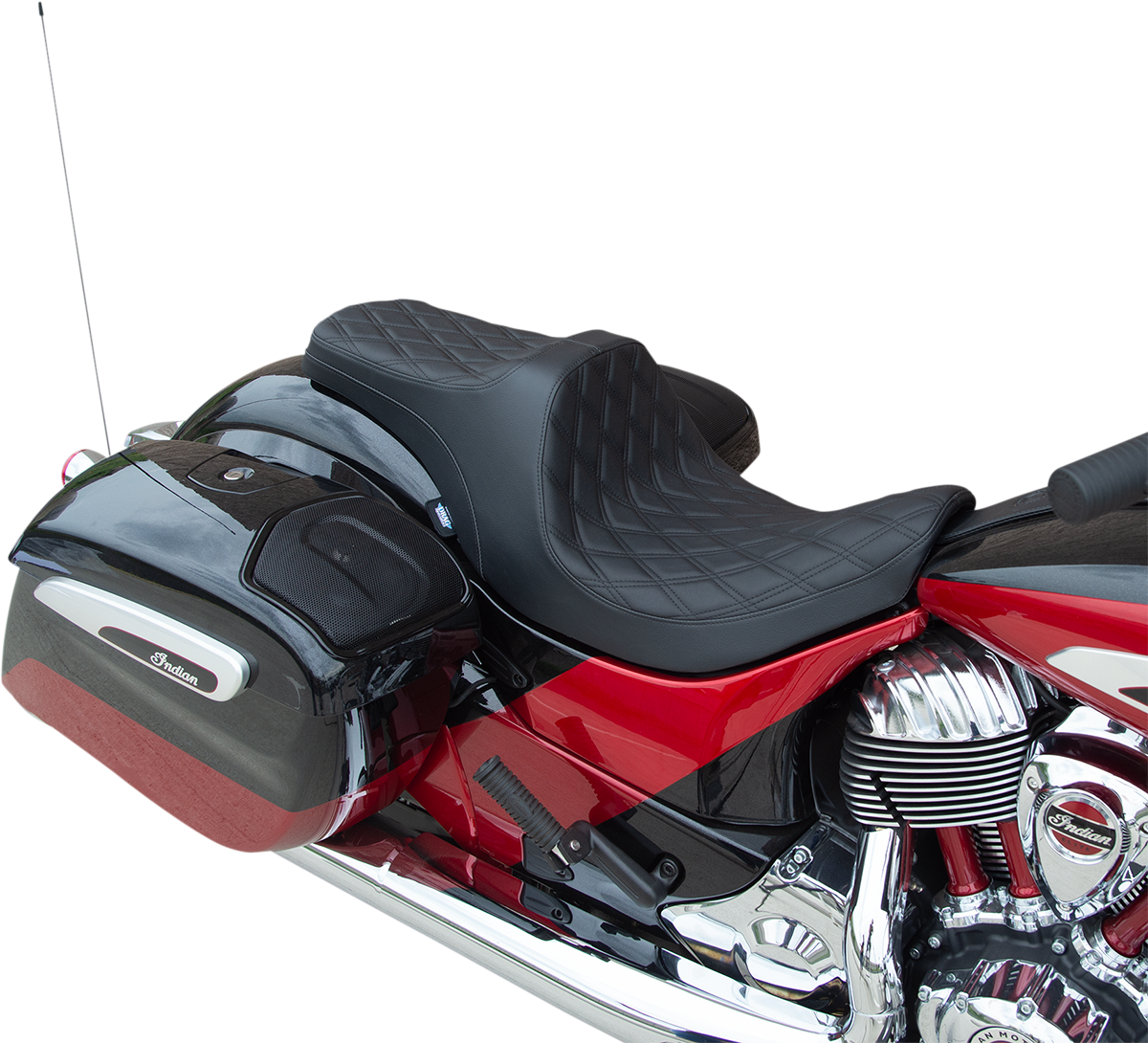 Drag Specialties Predator III seat for Indian motorcycles 2014-2022 with black double diamond stitching and forward positioning.