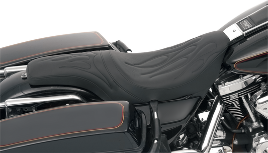 Drag Specialties Predator Seat with Flame Stitching for FLHR/FLHX motorcycles, 1997-2007, featuring black leather and detailed flame design.