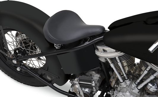Drag Specialties Seats Spring Solo Seat in large black vinyl with adjustable front hinge and rear mount studs.