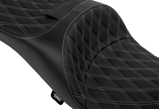 Extended reach Harley FLT/FLH seat by Drag Specialties with double diamond vinyl and silver stitching, model 4696C.