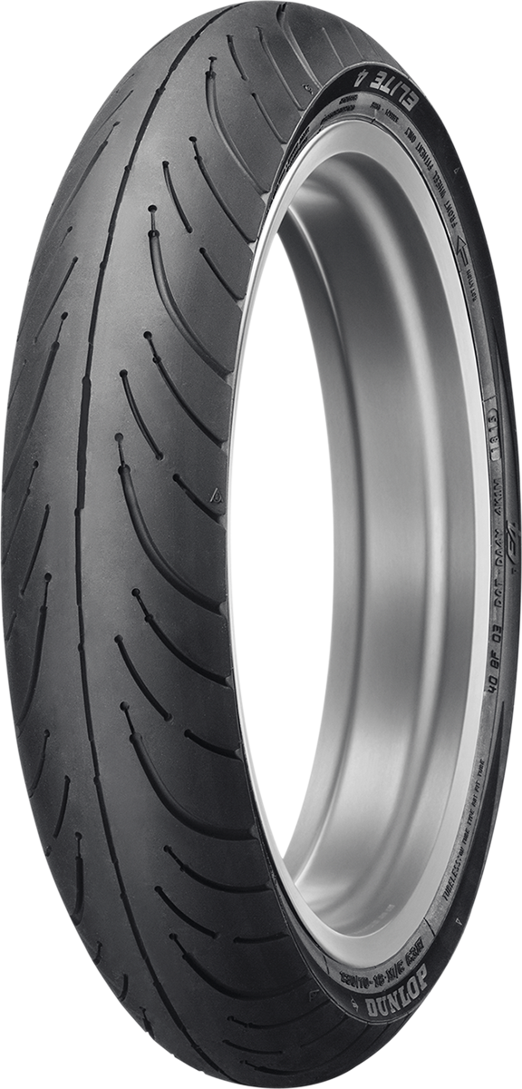 Dunlop Elite 4 front motorcycle tire 130/70-18 63H with superior grip and durability, shown mounted on a bike wheel.