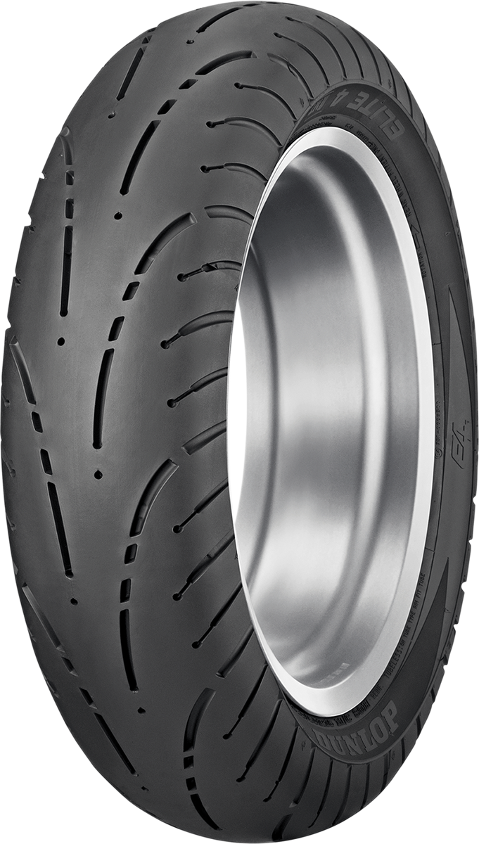 Dunlop Elite 4 rear motorcycle tire 200/55R16 77H with reliable grip and long-lasting performance, shown mounted on wheel.