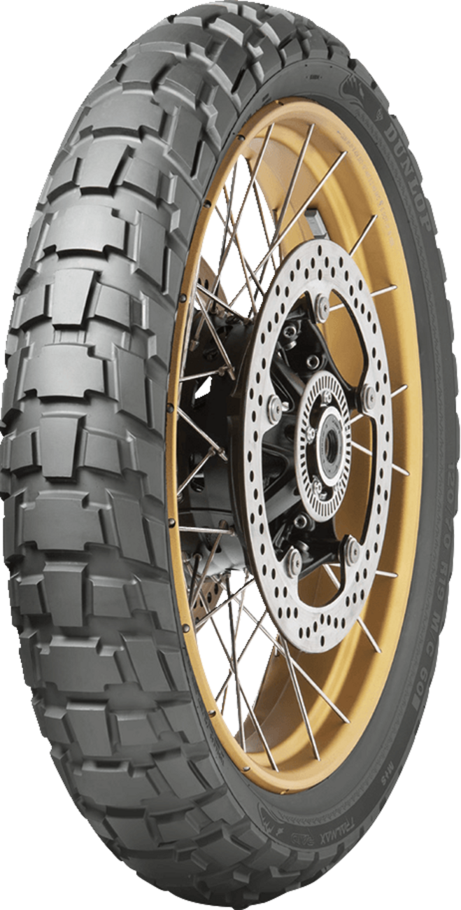 Dunlop Trailmax Raid front motorcycle tire 120/70R19 with 60T load rating, designed for adventure and dual-sport bikes.