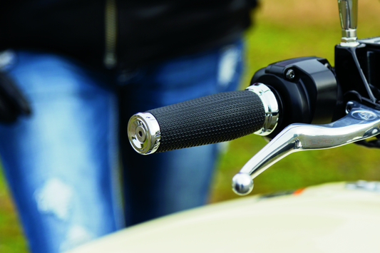 Kuryakyn Thresher grips for powersports, 7/8 inch chrome handlebar grips with a textured design for enhanced grip and style.