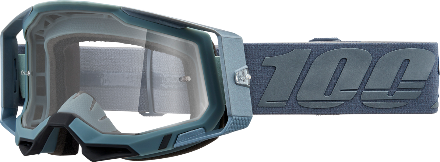 Bill's Exhausts Racecraft 2 Goggles in Battleship clear lens with adjustable strap, designed for racing or motorsport use.
