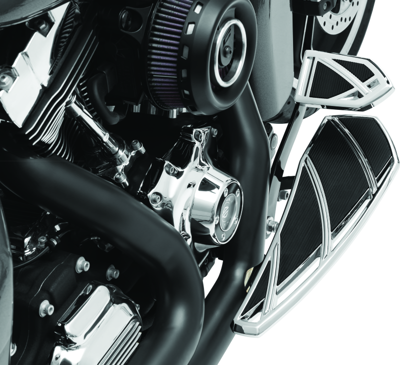 Chrome Kuryakyn Phantom Floorboards for Harley-Davidson motorcycles, featuring a sleek, stylish design with textured surface.
