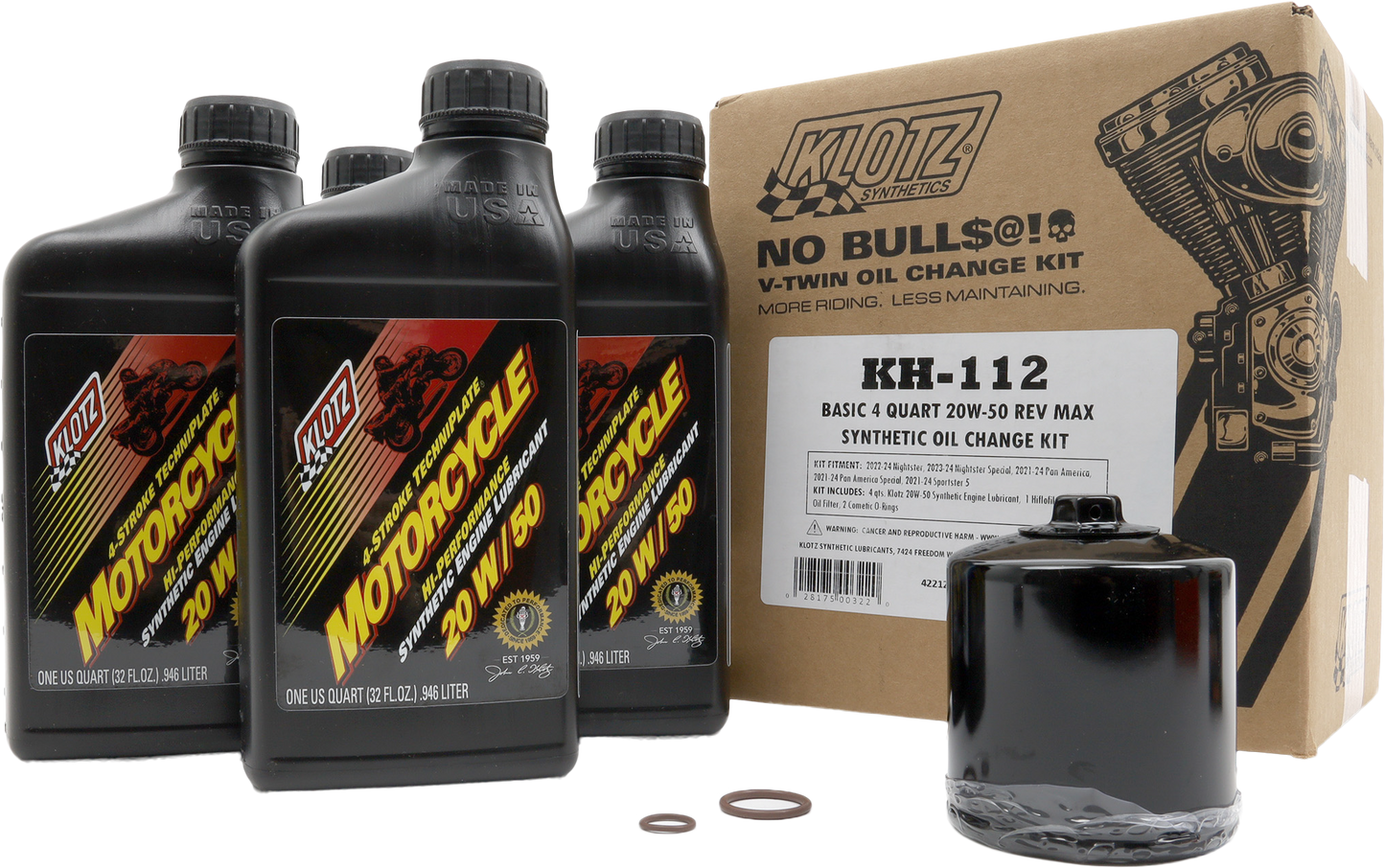 KLOTZ KH-112 Basic HD Rev Max 4 Quart Synthetic Oil Change Kit with oil bottles and accessories for motorcycle maintenance