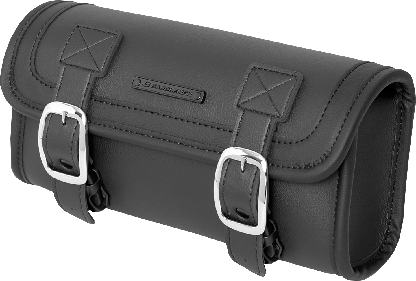 Bill's Exhausts Saddlemens Tool Bag 3510-0106 seat, black leather with metal accents, designed for motorcycle seating comfort and storage.
