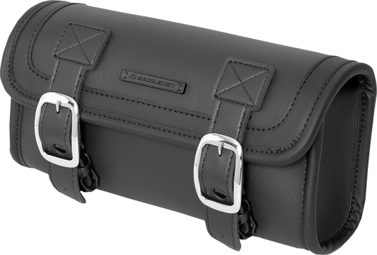 Bill's Exhausts Saddlemens Tool Bag 3510-0106 seat, black leather with metal accents, designed for motorcycle seating comfort and storage.