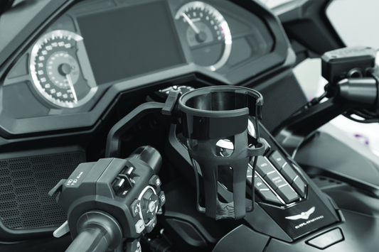 Kuryakyn Reflex drink holder mounted on Honda Goldwing DCT handlebar left side, designed for easy access and secure beverage holding.
