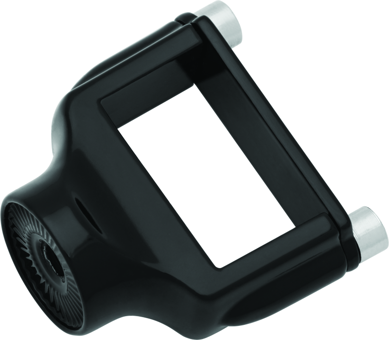 Kuryakyn side mount license plate holder clamp in gloss black for Harley-Davidson XL models from 1986 to 2023