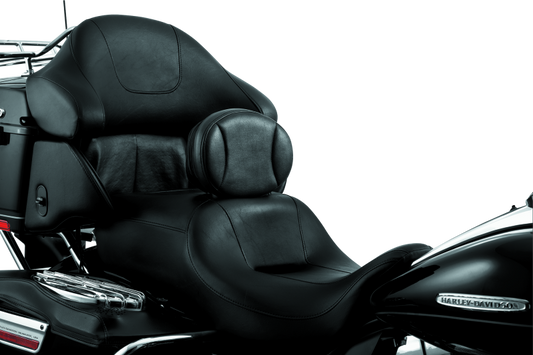 Kuryakyn Plug-In Driver Backrest for Harley Davidson Touring models, featuring padded cushion and secure attachment for rider comfort.