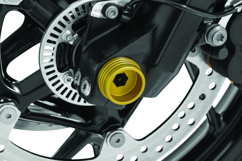 Kuryakyn Lodestar Front Axle Slider in gold for BMW R1200R, F800R, R Nine T, and R1200RS motorcycle front axle protection