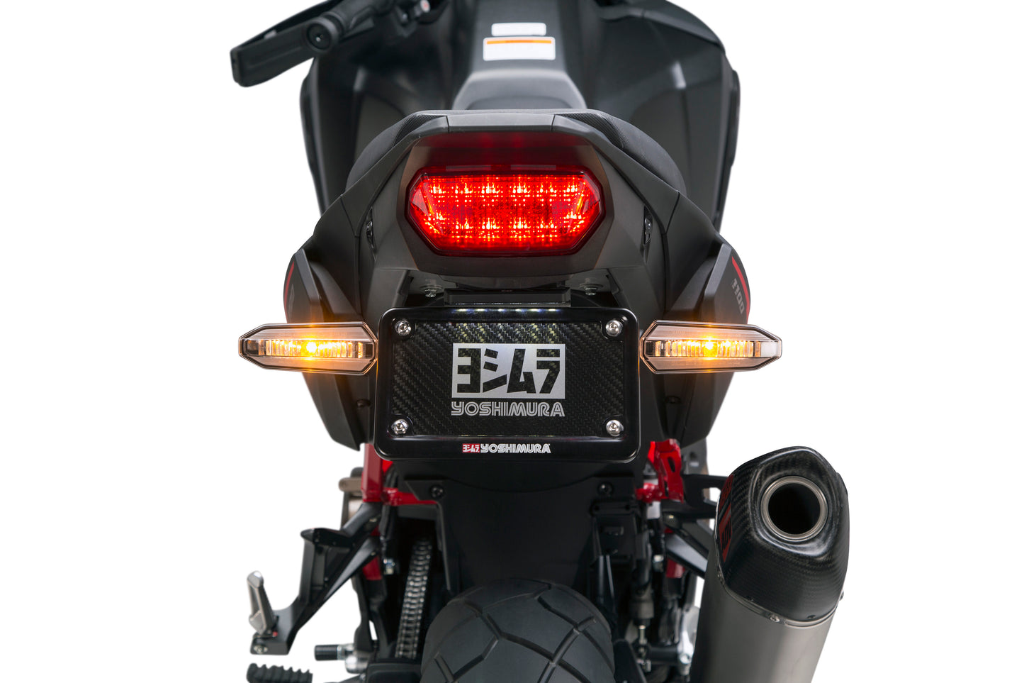 YOSHIMURA Fender Eliminator Kit for Honda motorcycle, showing sleek black license plate holder and LED light assembly.