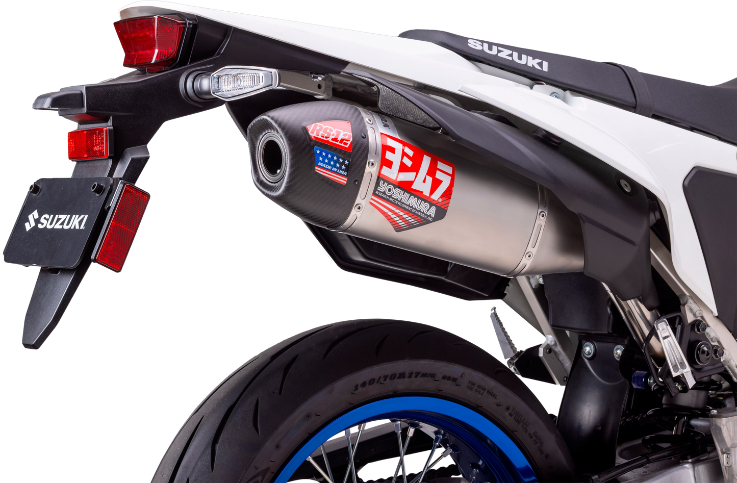 YOSHIMURA Race RS-12 full exhaust system with stainless steel and carbon fiber finish for Suzuki motorcycle.