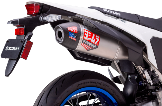 YOSHIMURA Race RS-12 full exhaust system with stainless steel and carbon fiber finish for Suzuki motorcycle.