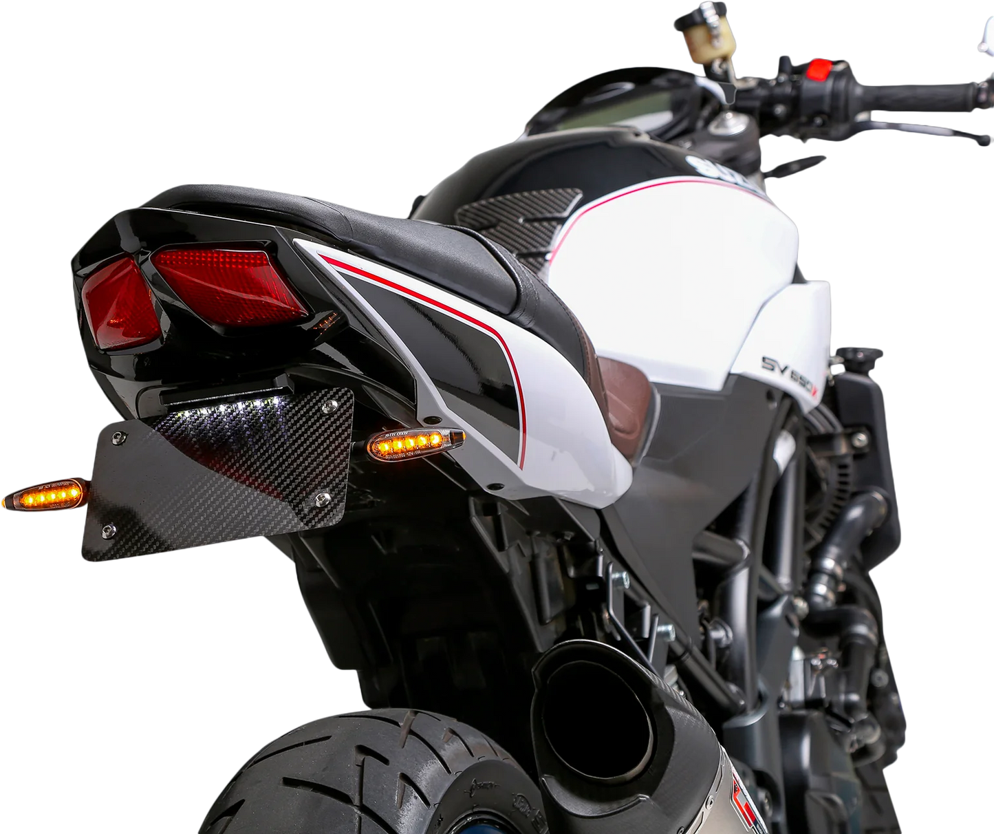 YOSHIMURA V2 Fender Eliminator Kit for Suzuki motorcycles, showing sleek black design and mounting components.