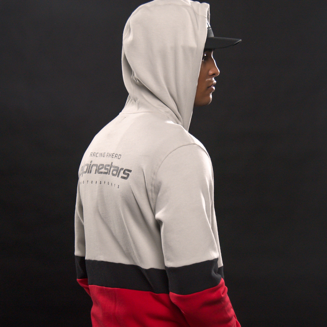 Alpinestars Position Zip Hoodie in silver, black, and red, medium size, featuring a zip front and casual hoodie design.