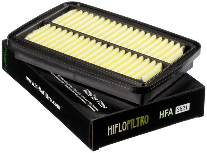 HIFLOFILTRO HFA3621 air filter for high performance engines, showing a clean, cylindrical engine air filter element.