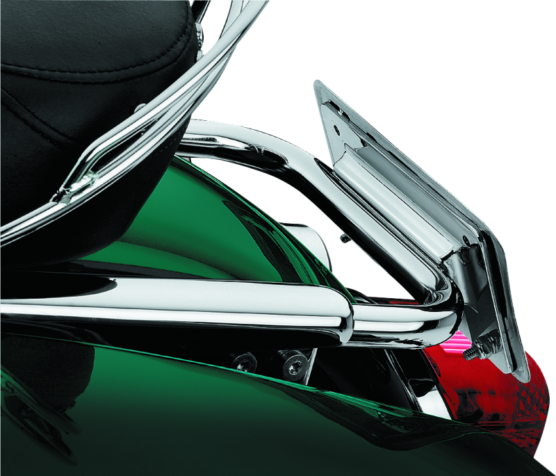 Chrome Kuryakyn Laydown License Plate Holder for Harley Davidson Touring models 97-08, designed for a sleek, streamlined appearance.