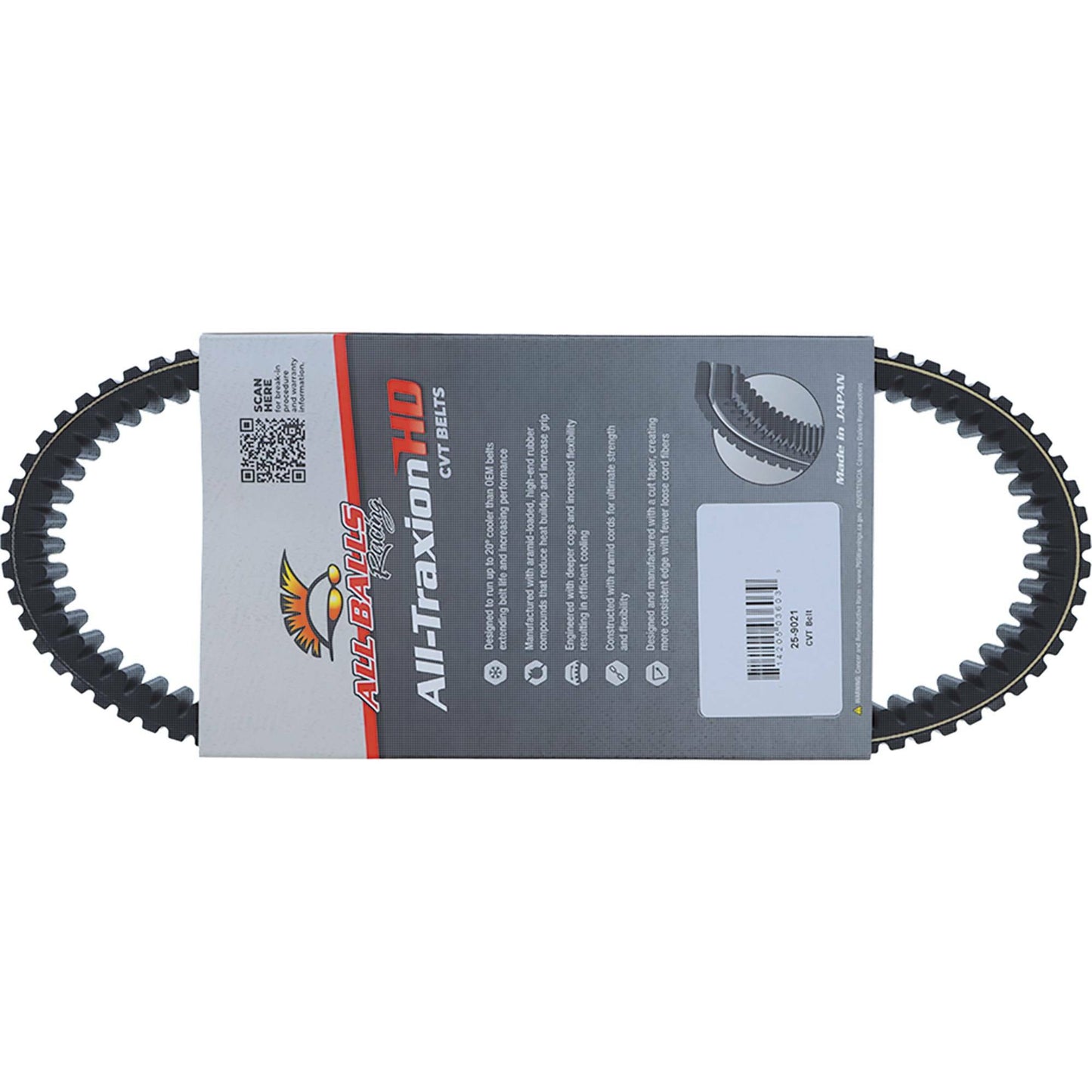 All Balls CV belt, high-performance automotive drive belt with part number 25-9021, showing its durable rubber construction.
