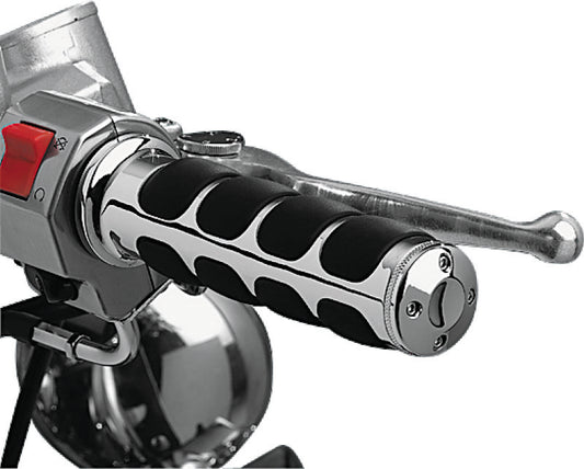 Kuryakyn Metric ISO Chrome Motorcycle Grips installed on Kawasaki and Yamaha bikes, featuring ergonomic design and chrome finish