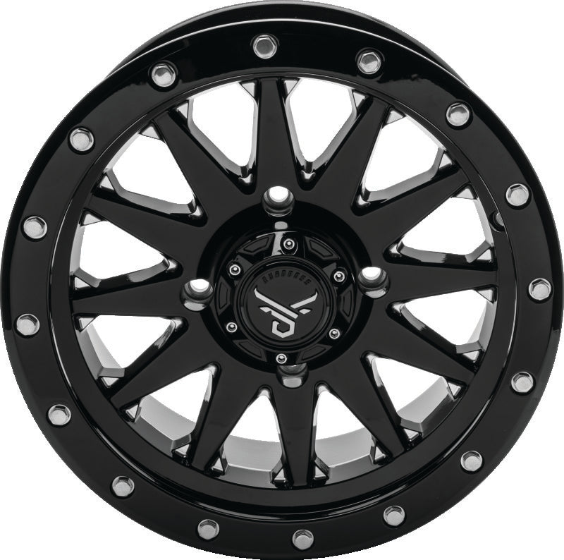 QuadBoss Wagon 14x7 alloy wheel with 4+3 offset for powersports vehicles, featuring a milled finish and 4/156 bolt pattern.