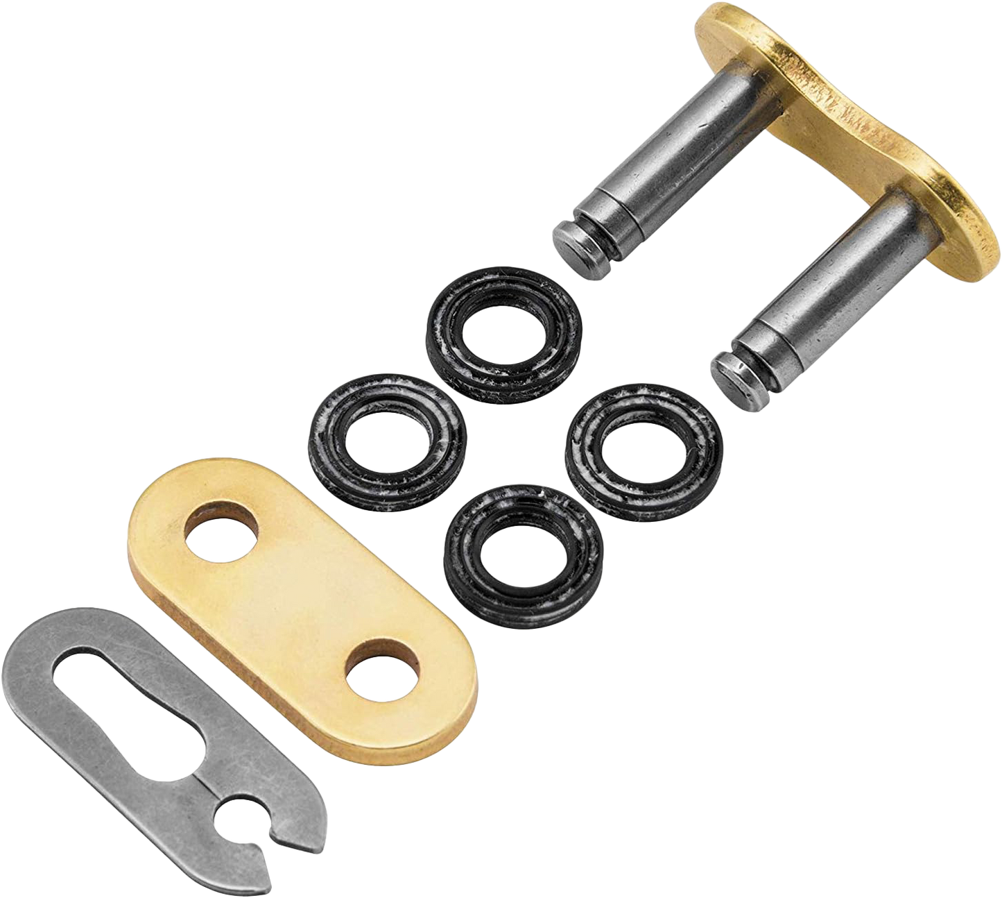 RK EXCEL GB520XRE drive chain with gold clip master link, durable motorcycle chain with high-performance design.