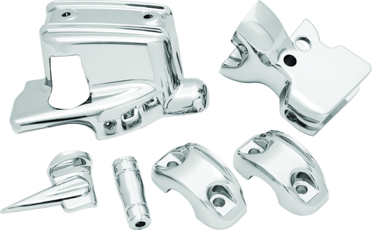 Chrome handlebar control dress-up kit for Harley Davidson touring models by Kuryakyn, featuring polished chrome accents and installation parts.