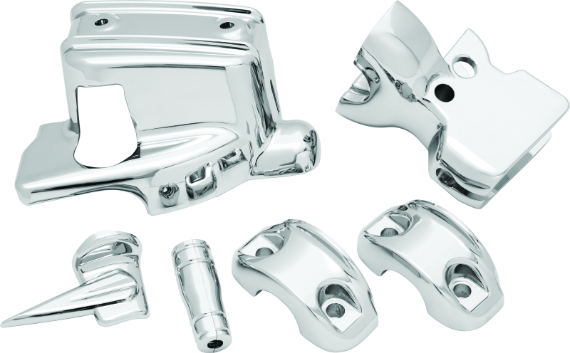 Chrome handlebar control dress-up kit for Harley Davidson touring models by Kuryakyn, featuring polished chrome accents and installation parts.