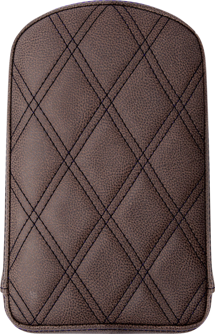 Brown SADDLEMEN Sissy Bar Pad with lattice stitching for motorcycle seats, designed by Bill's Exhausts.