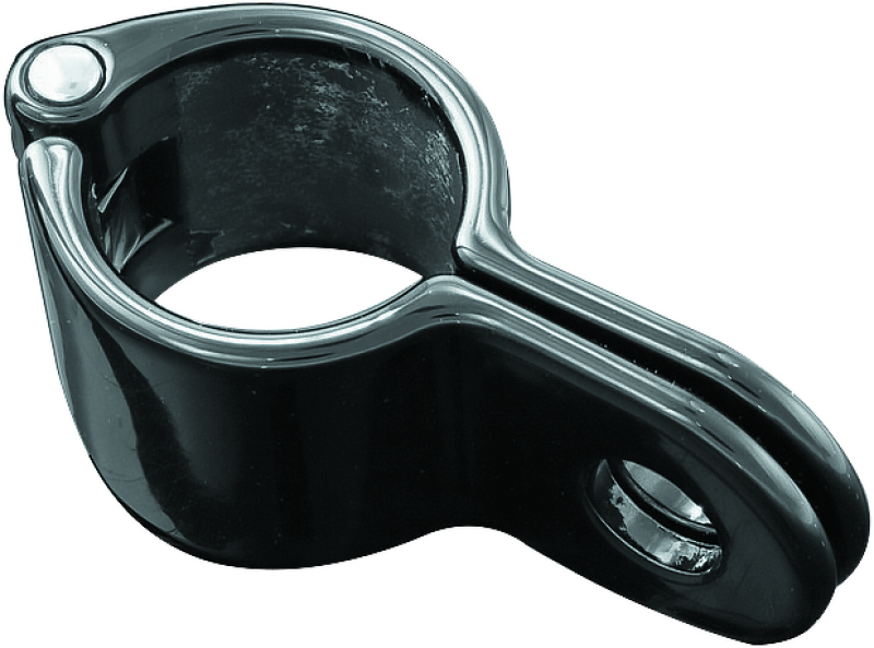 Kuryakyn Magnum Quick Clamp 1-1/4 inch gloss black stainless steel motorcycle clamp on a bike handlebar