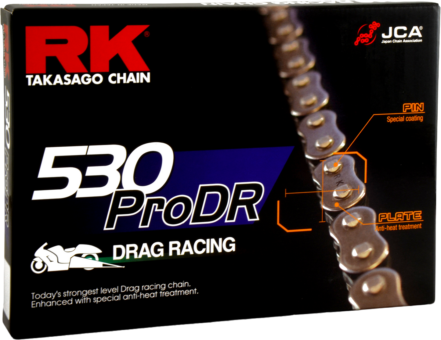 RK EXCEL 530PRODR Pro Drag Racing Chain, high-strength performance motorcycle chain with 530 x 130 links, durability for racing applications.
