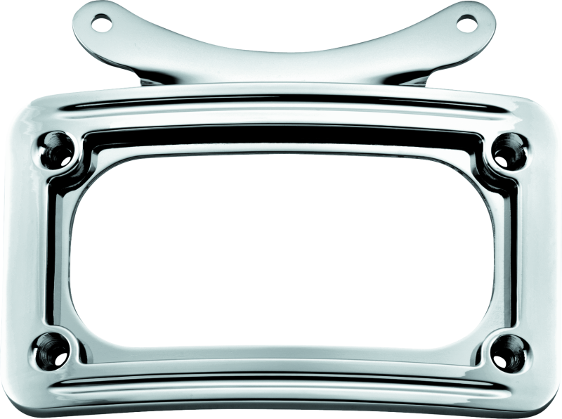 Chrome Kuryakyn curved license plate frame for motorcycles, featuring a stylish, sleek design to enhance bike's appearance
