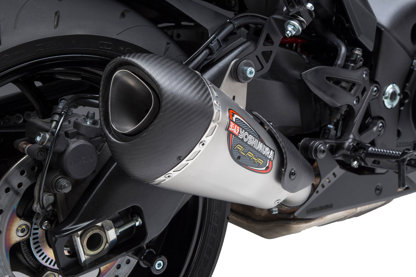 YOSHIMURA Alpha T Street SS/SS/CF exhaust with Works finish, showing the sleek stainless steel and carbon fiber construction.