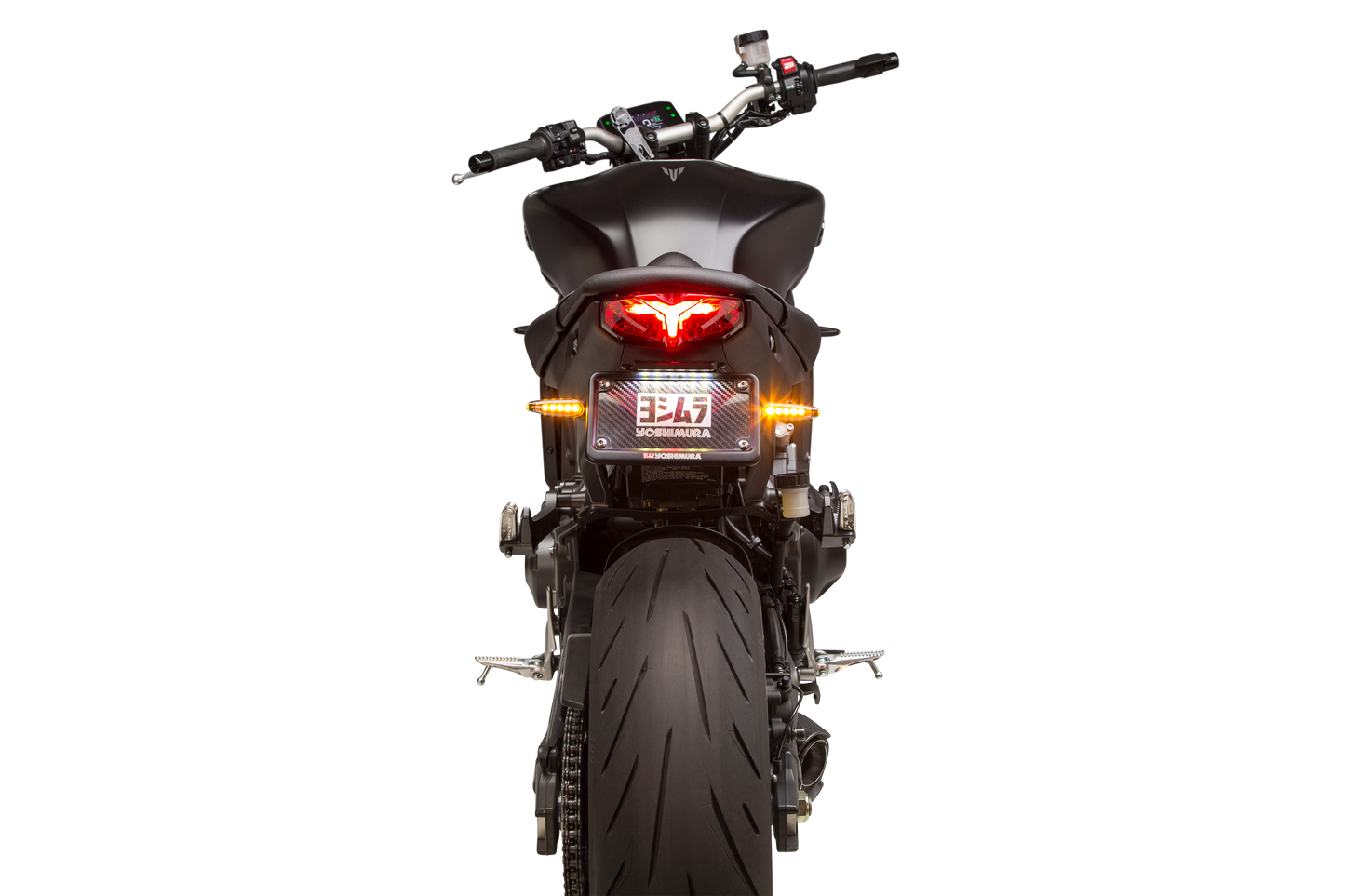 YOSHIMURA Fender Eliminator Kit for Yamaha motorcycles, showing sleek black tail tidy with mounting hardware and integrated license plate holder.