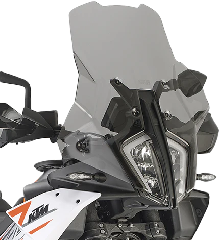 GIVI D7716S smoke windshield for KTM motorcycle, showcasing sleek wind protection and stylish design on the bike.